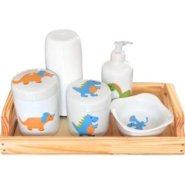 Imagem de Antilope Decor Porcelanas, Kit higiene bebê Dinossauro 6 peças - Bandeja, potes, porta álcool e molhadeira - Peças Porcelana Bandeja Pinus