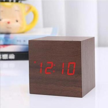 Imagem de Relógio Led De Mesa Cubo Digital Madeira Quadrado 6,5cm 3 sensores de 