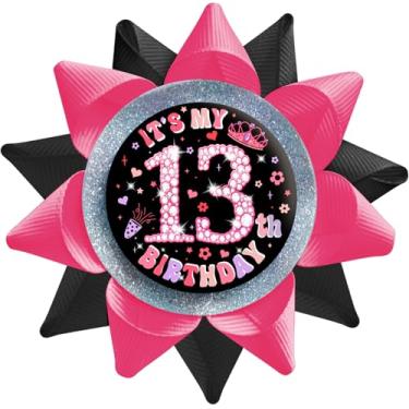 Imagem de SKJIAYEE Pinos de botões It's My 13th Birthday para meninas feitos à mão (9,7 x 9,7 cm), fita de gorgorão preto rosa crachá de folha de flandres para mulheres 13º aniversário decorações suprimentos