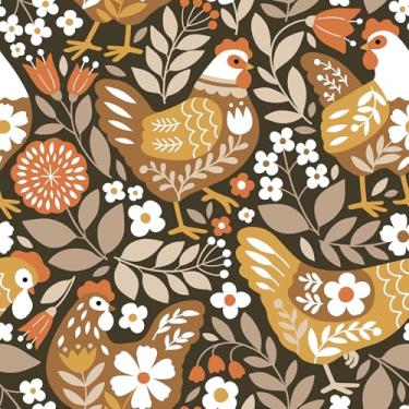 Imagem de VaryStyle Papel de parede vintage de galinhas para casa de fazenda, papel de parede floral, marrom, murais de papel de parede
