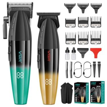 Imagem de VGR Conjunto De Máquina Cortar E Aparar Cabelo Profissional Para Homens, Kit Lâmina Em T Barber Zero Gap, Corte Usb Recarregável Sem Fio Com 9 Pentes-Guia, Cerâmica, Display Led