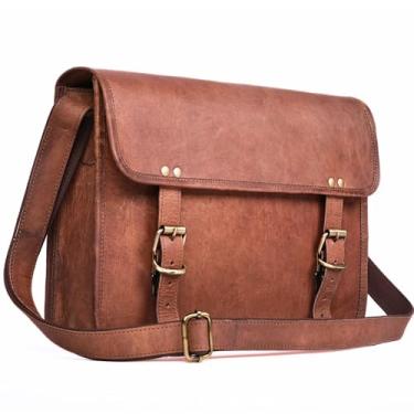 Imagem de Bolsa carteiro pequena de couro genuíno marrom, perfeita para iPad e laptop pequeno, bolsa de ombro envelhecida vintage, Marrom, 14 INCH