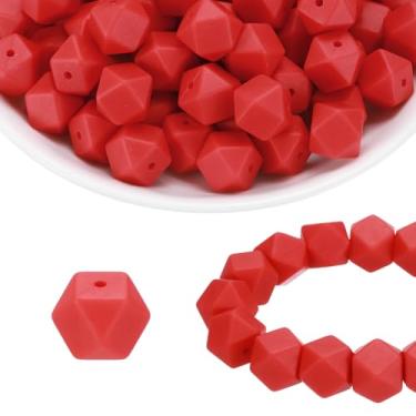 Imagem de HARFINGTON 96 contas de silicone 14 mm contas focais hexagonais de borracha a granel para canetas, chaveiro, pulseira, colar, artesanato, faça você mesmo, escarlate