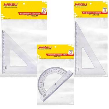 Imagem de Kit 3un Transferidor Esquadro Escolar Matemática Geometria - Waleu