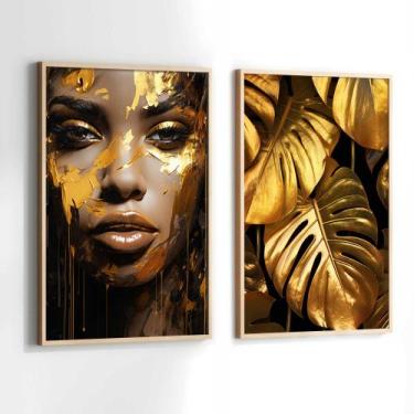 Imagem de Conjunto Quadros Decorativos com Moldura Mulher Preta Dourado Kit 2 Qu