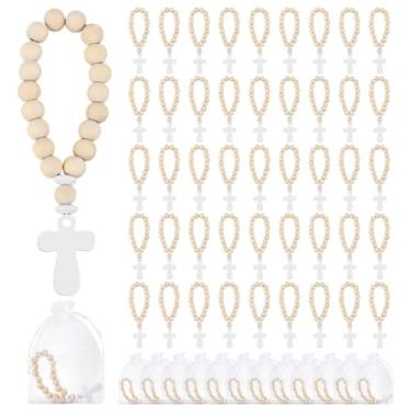 Imagem de PH PandaHall 40 contas de madeira, contas a granel com pingente de cruz branca de madeira com etiquetas de barbante de juta sacos de presente para lembrancinhas de batismo primeira comunhão artesanato