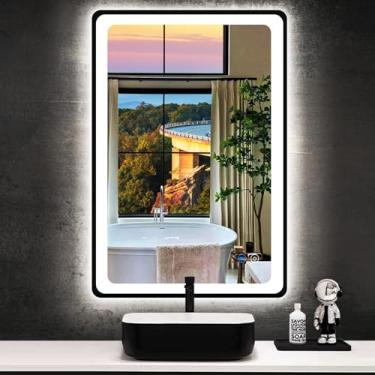 Imagem de MEIOUKA Espelho de LED preto para banheiro de 40,6 x 61 cm com moldura preta, espelho iluminado com luzes para parede de banheiro, espelho de LED 3 cores, regulável, antiembaçamento, 61 cm, moldura