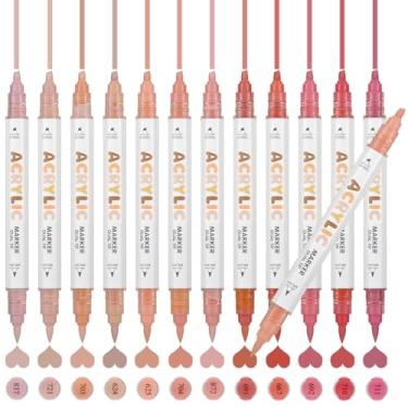 Imagem de ZZWUAPT Marcadores de tinta acrílica de ponta dupla de tom de pele rosa, canetas de tinta acrílica para pintura rochosa, tecido de madeira, tela, vidro, plástico, arte, kit de suprimentos de pintura