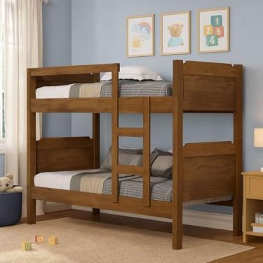 Imagem de Beliche Bicama Bibox 100% MDF Vira Duas Camas Versátil com Escada e Grade Proteção (Castanho)