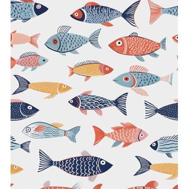 Imagem de Papel de parede de peixe descascar e colar, papel de contato de peixes coloridos 44,5 cm x 998,2 cm, papel de parede azul e rosa do mar autoadesivo removível à prova d'água para quarto infantil