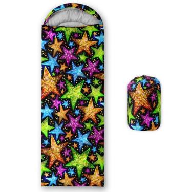 Imagem de QOOMO Sacos de dormir coloridos à prova d'água estrelas para adultos e crianças, sacos de dormir impressos para acampamento, clima quente e frio, viagens e ao ar livre, equipamentos de acampamento