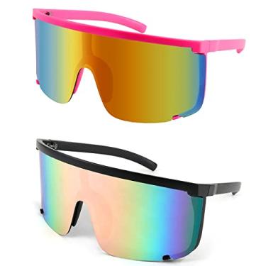 Imagem de Karsaer Óculos de sol Vision Shield para homens e mulheres grandes neon anos 80 anos 90 viseira estilo esportivo ao ar livre ciclismo esqui, (2 peças) Espelho arco-íris rosa + espelho rosa preto,