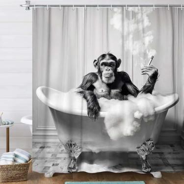 Imagem de Dongbei Cortina de chuveiro preta e branca macaco engraçado decoração de banheiro banheira fumando chimpanzé sexy minimalista meninos homens conjunto de cortina de chuveiro impermeável tecido de
