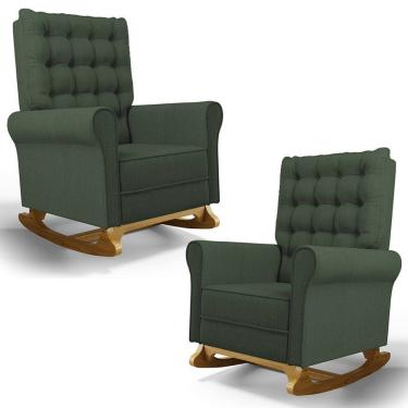 Imagem de Kit 02 Poltronas de Amamentação e Descanso Base Madeira Balanço Brenda G05 Linho Verde - Mpozenato