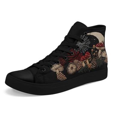 Imagem de AWSOLE Tênis feminino moderno de lona de cano alto estampado cogumelo floral planta com cadarço liso elegante presente tênis para casal, Preto/vermelho/bege/marrom, 10 Women/8 Men
