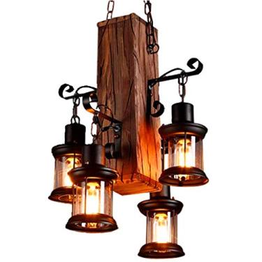 Imagem de BUUQSGKV Luminária pendente de metal industrial vintage lustre de madeira vintage 2 cabeças estilo industrial vintage retro rústico vintage industrial Edison iluminação de teto lâmpada de suspensão