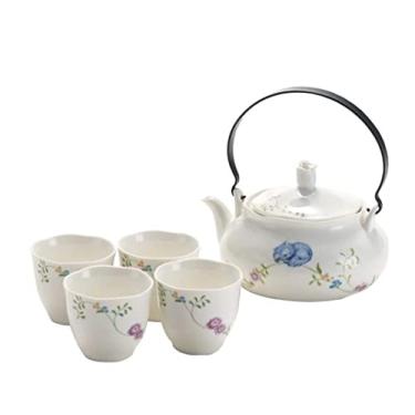 Imagem de Conjunto de chá, conjunto de chávenas de café, conjunto de chávenas de chá clássico chinês branco de cerâmica com padrão floral 740 ml, bule de chá, 4 xícaras de chá