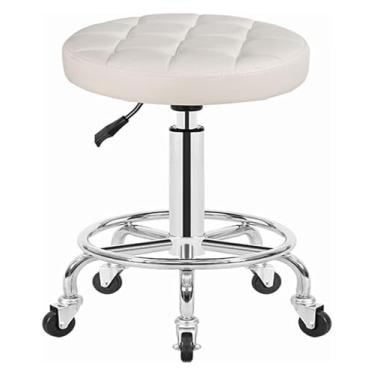 Imagem de WYUYIWH Banqueta giratória com rodas e apoio para os pés, banco giratório com rodinhas e apoio para os pés, cadeira com rodinhas de couro ajustável em altura para balcão de loja, salão, ajustável