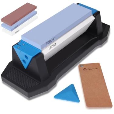 Imagem de Wanttik Knife Sharpening Stone, 3 Sides Grit 400/1000/5000, Whetstone Knife Sharpener with Non-Slip Base, Angle Guide & Leather Strop, for Kitchen Knives and Pocket Knives and More
