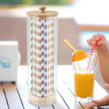 Imagem de Dispensador de canudo de acrílico de 25 cm com tampa de bambu, organizador de bancada transparente para cozinha, escritório, armário, lápis, talheres, pincéis de maquiagem (1 peça)