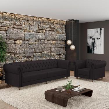 Imagem de Conjunto Sala de Estar 1 Sofá Living 260cm e 1 Poltrona Stanford Chesterfield Pés Madeira Couro Borgonha G58 - Gran Belo