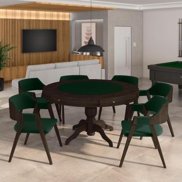 Imagem de Conjunto Mesa de Jogos Carteado Bellagio Tampo Reversível e 6 Cadeiras Madeira Poker Base Estrela Veludo Verde/Capuccino G42 - Gran Belo