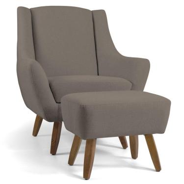 Imagem de Poltrona Decorativa com Puff Sala de Estar Pés de Madeira Naomi Veludo Bege - Gran Belo