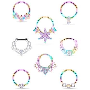Imagem de Oicctyzio Anéis de nariz de septo Daith Brincos 16g Clicker Piercing Joias Hipoalergênicas Multicoloridas Aço Cirúrgico para Mulheres e Homens, Metal, Zircônia cúbica