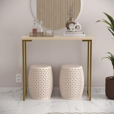 Imagem de Aparador de Sala Industrial Mesa Lateral Para Decoração Pé Metálico (OFF WHITE/DOURADO)