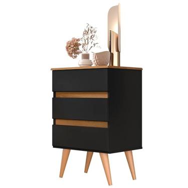 Imagem de Mesa de Cabeceira Roma 3 Gavetas Criado Para Quarto Com Pés Palito (PRETO/FREIJÓ)