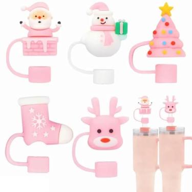 Imagem de 5 peças de tampa de palha rosa de Natal para copo Stanley copo de 1,134 g/850,5 g, 10 mm, acessórios de topo de canudo, capa de palha de Papai Noel, presentes para festa de Natal