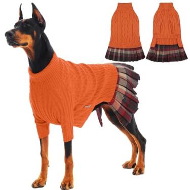 Imagem de IECOii Vestido suéter feminino 3GG para cães extragrandes gola alta, laranja, 3GG, malha térmica quente com orifício para trela, adorável suéter de tricô para Natal e Ação de Graças