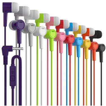 Imagem de Pacote com 10 fones de ouvido com fio, fones de ouvido com microfone, fones de ouvido com bloqueio de ruído estéreo de graves pesados, compatível com dispositivos iPhone e Android, iPad, MP3, serve para 3,5 mm (pacote com 20, dez cores)