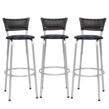 Imagem de Banqueta Altas Junco Preto Estrutura Prata 70cm Para Balcão Cozinha, Bar, Bistrô, Americano Kit 03 Unidades - Itagold (Assento Floral Preto)