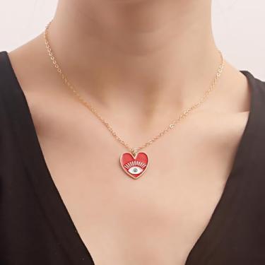 Imagem de Colar com pingente de ouro para mulheres, colar delicado ajustável banhado a ouro, joias modernas simples em camadas (coração vermelho Evileye)