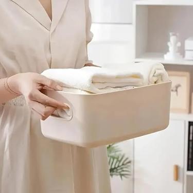 Imagem de 1 caixa de armazenamento de artigos diversos: caixas de plástico de mesa, caixa organizadora de cosméticos de banheiro - para quarto, armário, banheiro - organize cosméticos, joias, lanches, bege