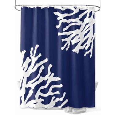 Imagem de Cortina de chuveiro azul marinho minimalista coral, textura clássica abstrata, impermeável, lavável, conjunto de cortinas de banheiro para decoração de banheiro, 91 x 182 cm de comprimento, branca