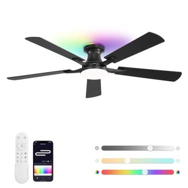 Imagem de ZMISHIBO Ventoinhas de teto inteligentes de 52 polegadas com luzes RGB, ventilador de teto de baixo perfil com Alexa/App/controle remoto, luz LED regulável de 20 W, ventilador moderno preto para sala
