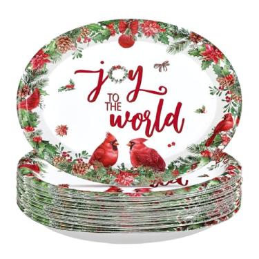 Imagem de 50 peças de pratos ovais de Natal de 25,4 x 30,5 cm, pratos grandes de festa Joy to The World, descartáveis, resistentes, cardeal vermelho, pássaro, sobremesa, para decoração de Natal, festas