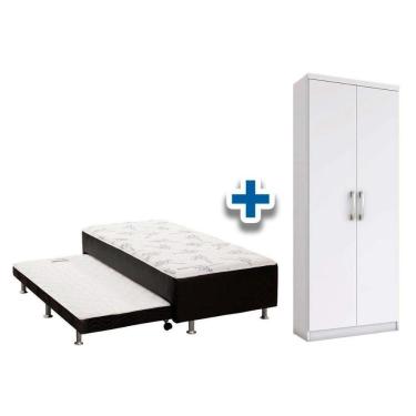 Imagem de Cama Box Solteiro Conjugado Ortobom Black C/ Auxiliar + Armário Multiuso Margarida Branco