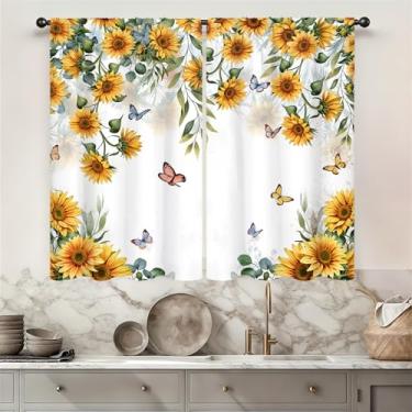 Imagem de Famiffty Cortinas de cozinha de girassol amarelo 71 cm L x 91 cm 2 painéis bolso para varão rústico floral flor borboleta casa de fazenda sobre a pia pequena camada de café curta tratamento de janela