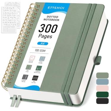 Imagem de EMSHOI A4 Spiral Notebook, Bullet Dotted Journal, 300 Pages Dot Grid Notebook, 100gsm Thick Dotted Paper, 8.27" x 11.2", Hardcover Spiral Notebook for School, Work, Note Taking - Light Green