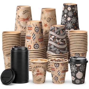 Imagem de FoldTier 100 peças de copos de papel de Natal de 340 g com tampas Xícaras de café descartáveis de Natal Papel Kraft para beber festa de Natal Suprimentos para bebidas quentes e frias de cacau