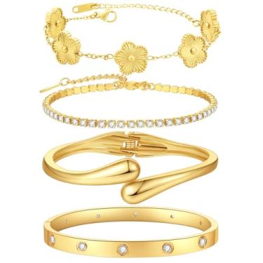 Imagem de PDWZNBA Conjunto de pulseiras banhadas a ouro 18K – trevo floral, tênis, punho grosso ajustável, pulseira clássica banhada a ouro de aço inoxidável, não mancha, pulseira empilhável presente para