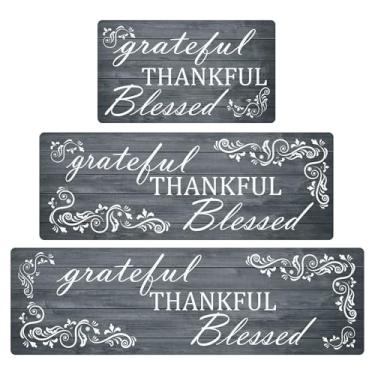 Imagem de Tapetes de cozinha Thankful para chão, 3 peças, tapetes antiderrapantes acolchoados de cozinha com design de grade, tapete confortável à prova d'água tapete de corrida de chef de fazenda para pia