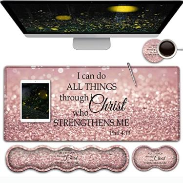 Imagem de Mouse pad rosa para jogos, mouse pad grande com borda costurada, base antiderrapante para mesa de escritório, teclado ergonômico, conjunto de descanso de pulso, bloco de escrita impermeável