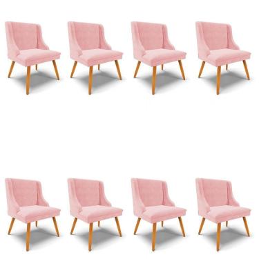 Imagem de Kit 8 Cadeiras Estofadas Para Sala De Jantar Pés Palito Lia Suede Rosa Bebê - Ibiza