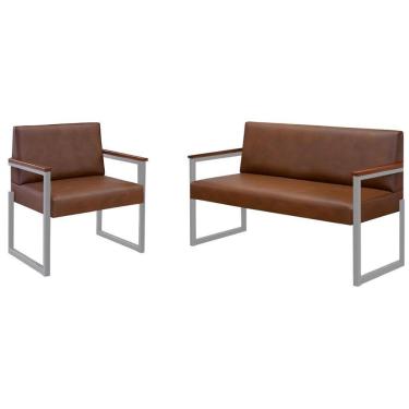 Imagem de Conjunto Sofá 2 Lugares E 1 Poltrona Niterói Couro Marrom Em Metal Champanhe