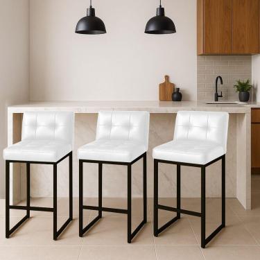 Imagem de Banqueta Cozinha Alta Com Encosto Industrial Kit 3 Preto Lirina Pu C05 - D'rossi Branco