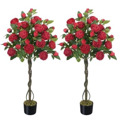 Imagem de HUAESIN Pacote com 2 roseiras artificiais de 1,2 m, árvore vermelha falsa para uso ao ar livre com 52 flores desabrochando Xams para porta da frente da casa
